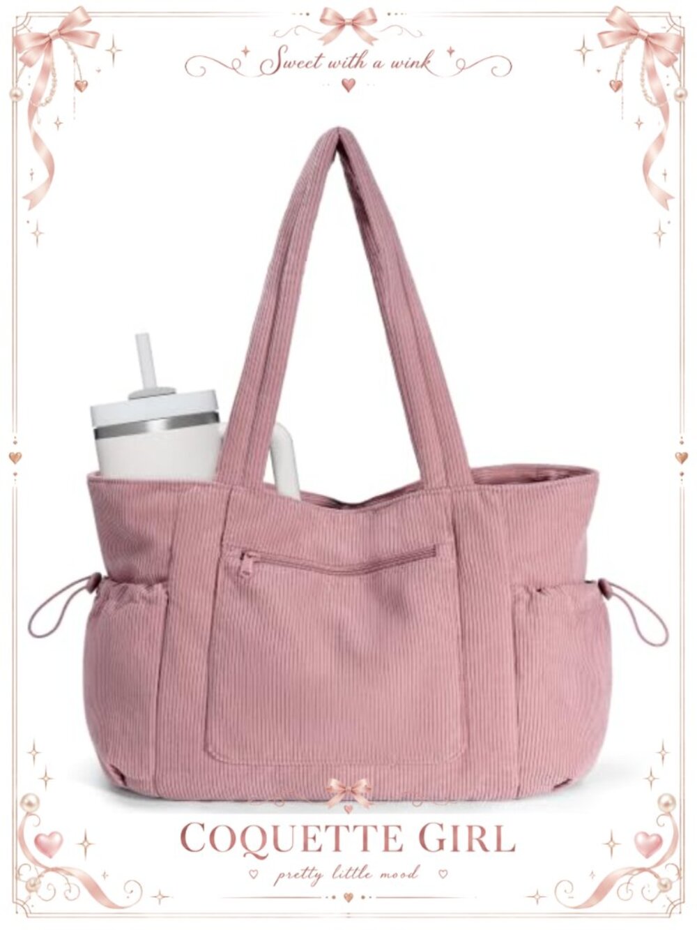 Large Corduroy Tote Bag with Laptop Compartment & Cup Holder